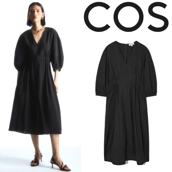 COS Dresses & Skirts - COS Black Midi V-Neck A-Line Dress Black Size 4 Modest Minimalist Elastic Waist
